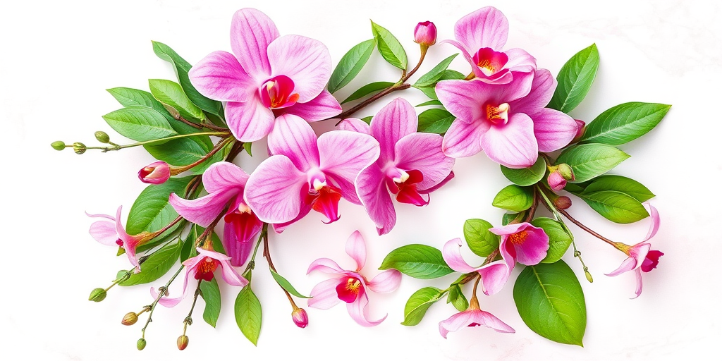 Create a high-resolution watercolor floral wreath with blooming pink orchids and lush greenery on a soft pastel background, using a Canon EOS R5 at f/2.8, ISO 100, 50mm lens, top-down view, natural light for enhanced softness and detail.