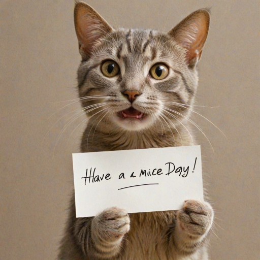 cat holding a note which says "Have a mice day!"