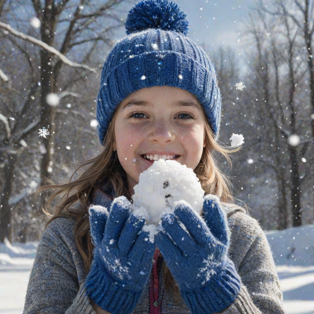 A hyperdetailed photorealistic macro image black and white pencil sketch of a young girl getting hit by a snowball during a snowball fight. She is wearing a brilliant sapphire blue wool beanie and bright blue mittens. She is trying to block the snowball by putting her hands up. The snowball hits her beanie and disintegrates into myriad tiny snowflakes caught with high speed photography. The girl is laughing and having a wonderful time.