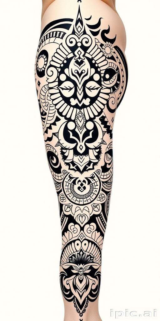 Elaborate Polynesian tribal tattoo extending from hip to ankle, showcasing intricate cultural patterns and symbols in bold black ink with negative space