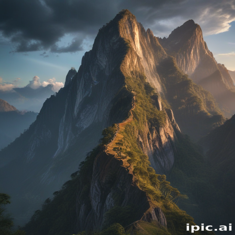 Majestic Mountain Range Bathed in Golden Sunrise Light and Shadows.