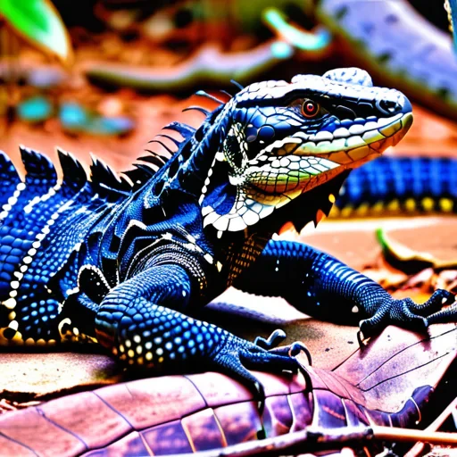 Colorful Lizard with Intricate Patterns Relaxing on Leafy Forest Floor