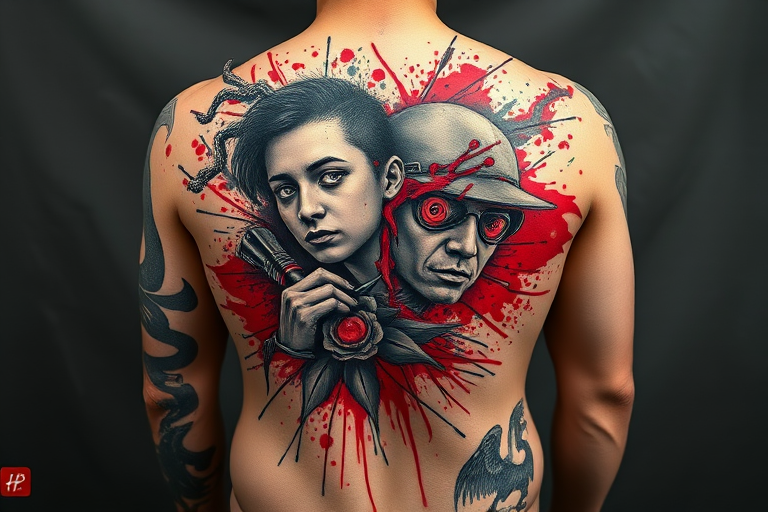 Striking trash polka tattoo combining bold red splashes with photorealistic black and gray elements, juxtaposing chaotic abstract forms with precise portraits, spanning the entire back