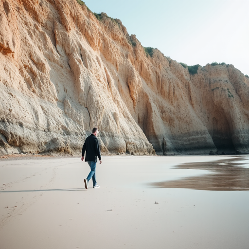 A person walking on a sandy beach near a rocky cliff, captured with a full-frame DSLR camera, 35mm focal length, aperture f/4, ISO 200, soft natural lighting for enhanced detail and texture in the background.