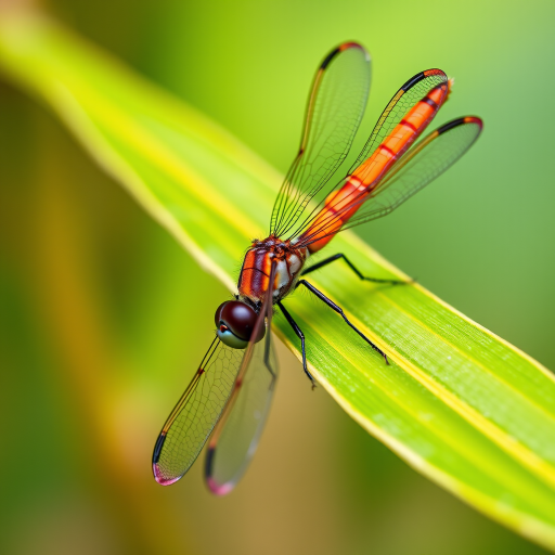 macro photograph of a dragonfly resting on a green leaf, with vivid colors and sharp focus, ISO 100, f/2.8 aperture, 1/250s shutter speed, taken with a DSLR camera using a 100mm macro lens, natural light, shallow depth of field