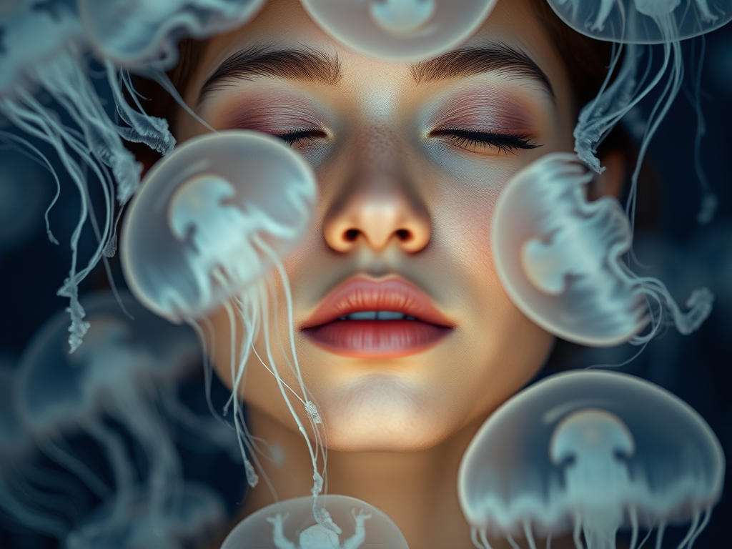 Create a high-resolution portrait of a person with closed eyes surrounded by ethereal jellyfish, shot using a Canon EOS R5 with a 50mm f/1.2 lens at ISO 100, aperture f/2.8, and shutter speed 1/200s, captured from a close-up angle, in a soft, diffused lighting style to highlight the details and textures of the jellyfish and the subject's features.