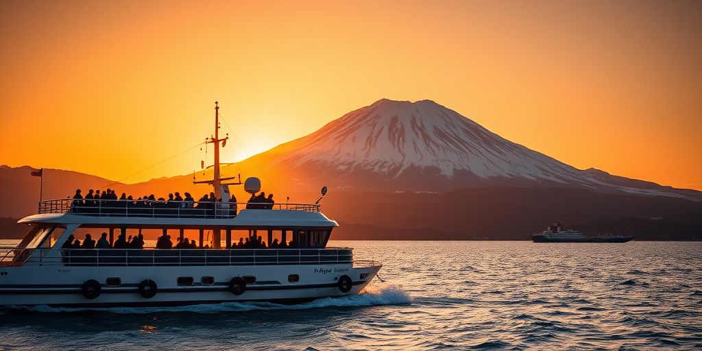 high-resolution image of a ferry boat with passengers on the deck in front of a snow-capped mountain under a golden sunset, shot with a DSLR camera at f/8 aperture, ISO 100, 24mm focal length, capturing vibrant colors and sharp details with a slightly elevated angle for depth.