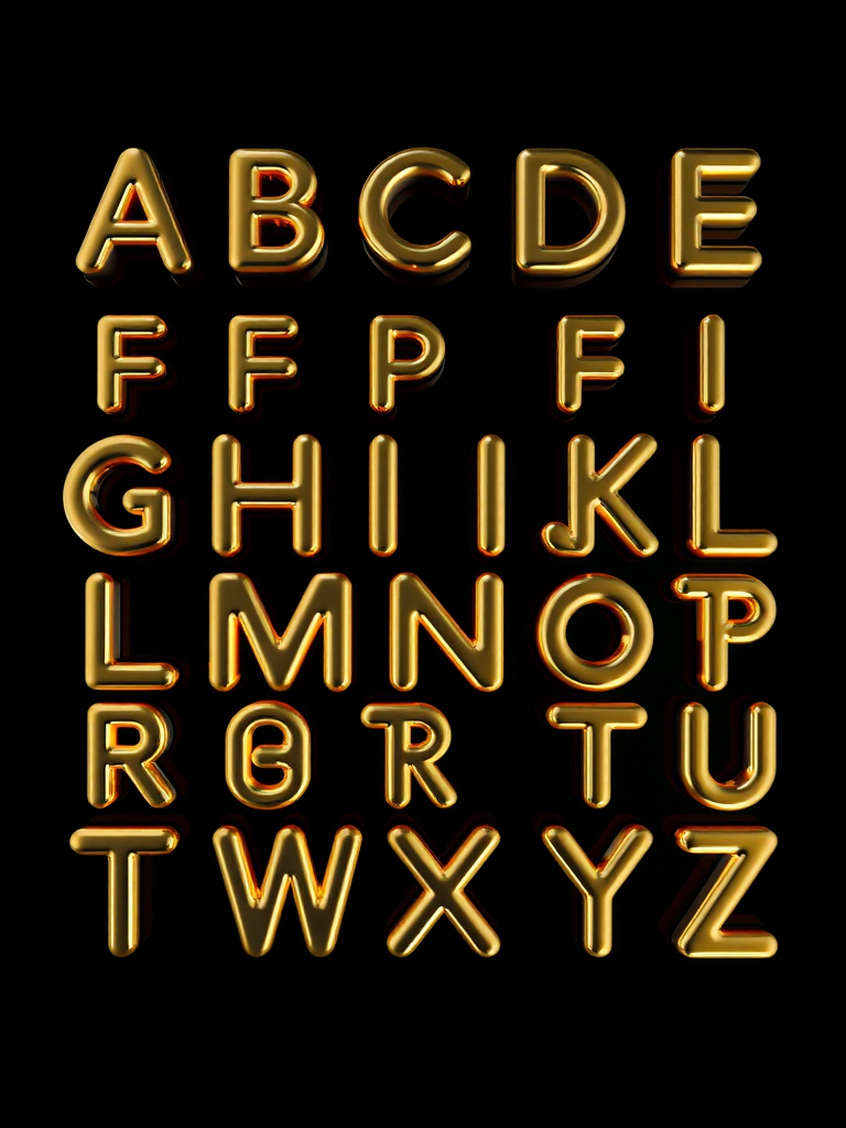 Regenerate a glossy, 3D-rendered alphabet set in uppercase, with vibrant gold outlines on a black background, using a DSLR camera at f/2.8 aperture, ISO 100, 50mm lens, and a top-down view for enhanced clarity and depth.