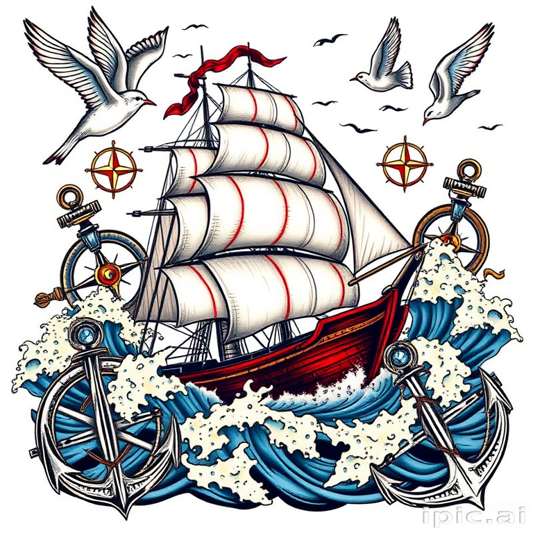 Bold traditional "Nautical Odyssey" tattoo composition featuring a ship battling stormy seas surrounded by iconic maritime elements like anchors compasses and swallows rendered in rich saturated colors and thick outlines