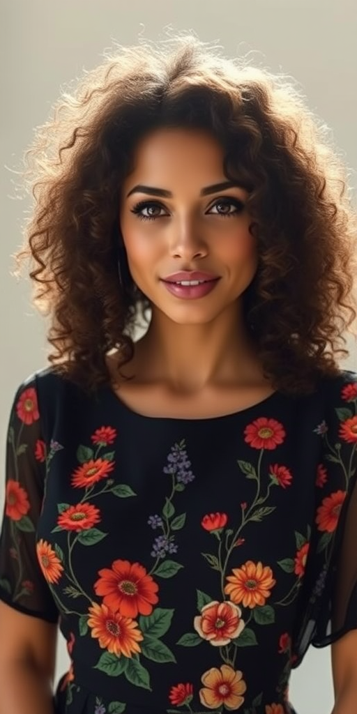 Generate a portrait of a woman with curly hair, wearing a black dress adorned with colorful floral patterns, captured in soft natural light, using a 50mm lens, aperture set to f/1.8 for shallow depth of field, with a slight tilt to create dynamic composition, shot in a studio setting with neutral background.