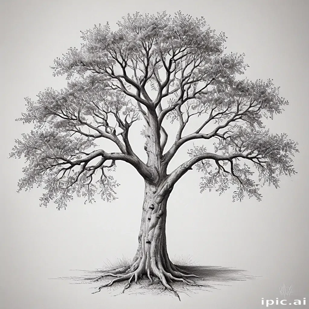 Intricate Sketch of a Majestic Tree with Detailed Branches and Roots