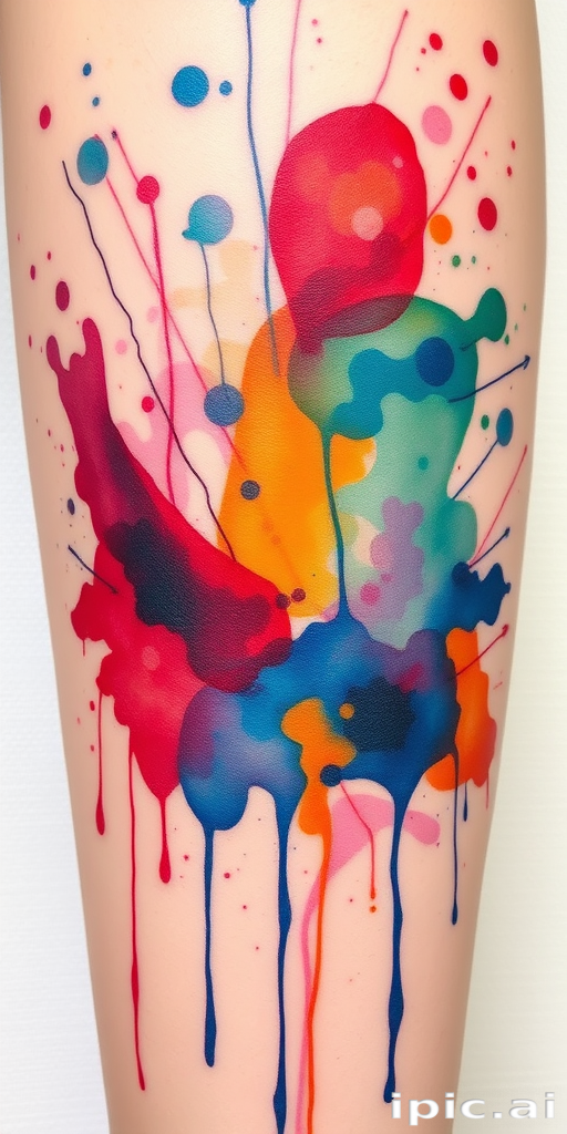 Abstract watercolor tattoo showcasing splashes and drips of vibrant pigments, creating a dreamlike landscape with subtle hints of recognizable forms emerging from the colorful chaos