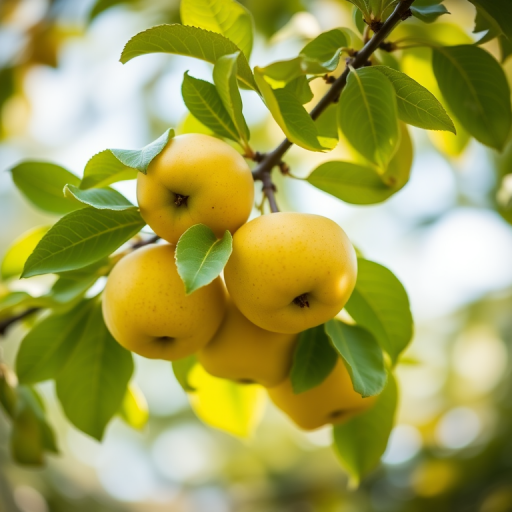 high-resolution image of yellow apples on a tree branch with vibrant green leaves, natural lighting, shallow depth of field, 50mm lens, ISO 200, f/2.8, soft bokeh background.