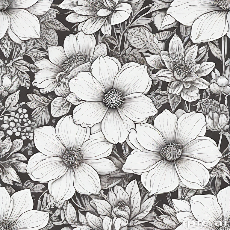 Intricate Black and White Floral Design Featuring Various Elegant Blossoms