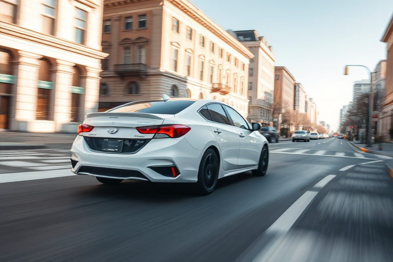 photograph a white car making a sharp turn on a city street during daylight, use a DSLR camera with a 50mm lens, set aperture to f/4, shutter speed 1/500s, ISO 200, focus on motion blur for dynamic effect, slight tilt-angle view for action emphasis