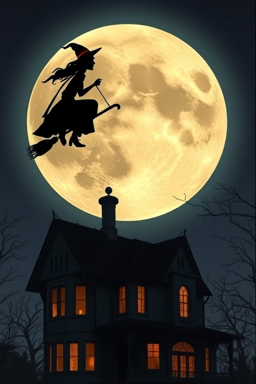A silhouette of a witch flying on a broomstick against a large full moon above a whimsical haunted house, captured in twilight with a Canon EOS R5, aperture f/2.8, ISO 200, 50mm lens, in a high contrast style to enhance details.