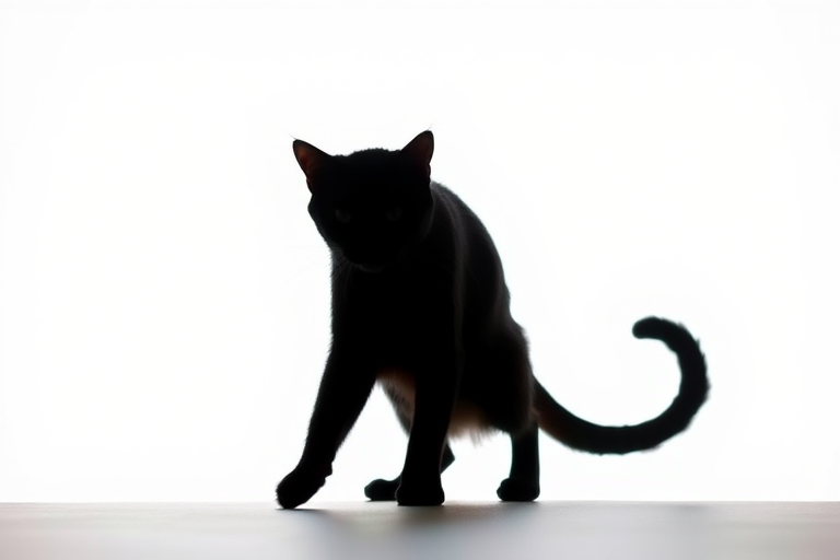 Generate a high-quality image of a black silhouette of a cat in a dynamic pose against a white background using a DSLR camera with a 50mm lens, aperture set to f/1.8, ISO 100, and a shutter speed of 1/250 sec, shot from a low angle for dramatic effect.