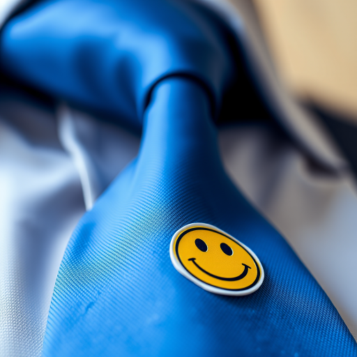 Generate an image of a blue necktie with a smiley face sticker, photographed in high resolution, using a Canon EOS R5 camera, at f/2.8 aperture, 1/100 sec shutter speed, in a soft natural light setting, with a close-up perspective to enhance details and vibrancy.