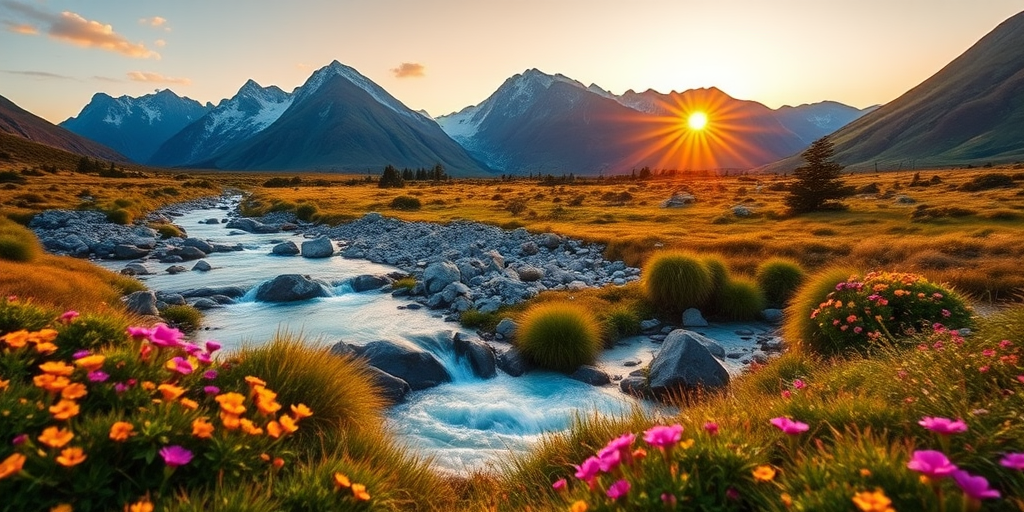 vibrant mountain landscape at sunrise with a flowing river and wildflowers, soft focus, shot with a DSLR camera, aperture f/8, ISO 100, focal length 35mm, landscape orientation, enhanced saturation and contrast