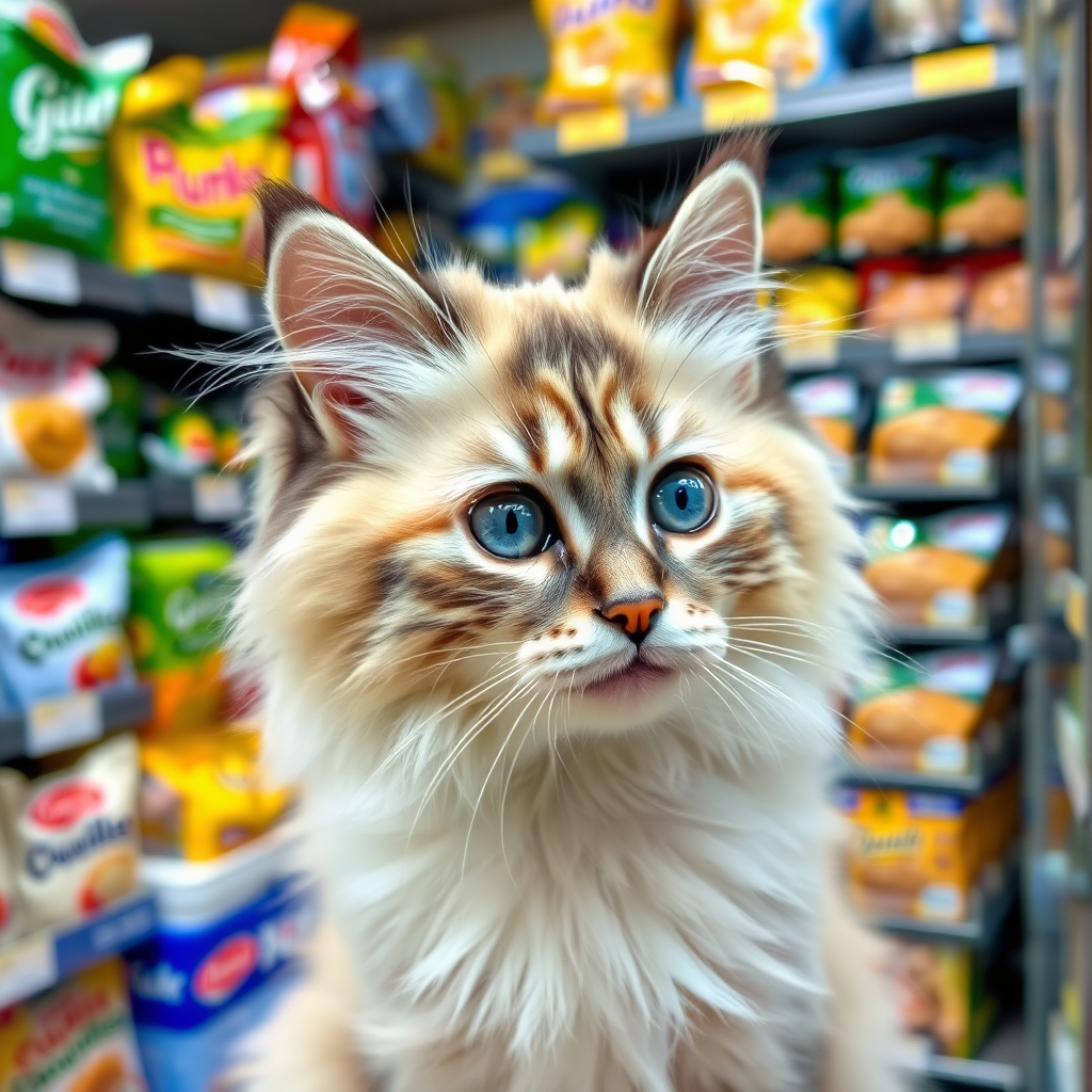 A fluffy cat with striking blue eyes and a cream and gray coat is looking curiously to the side in a store filled with various food items and colorful packaging in the background.