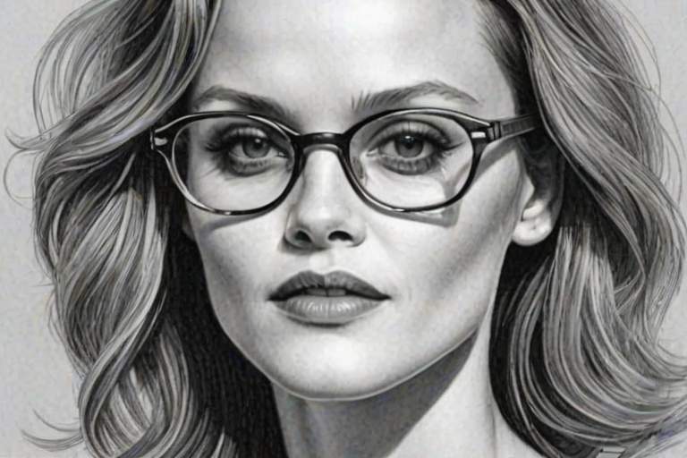 Wonderful Vanessa Paradis, pencil sketch, portrait of Gorgeous woman 1938s in glasses, hair style beatnik, outline, clear lines, fine lines, 8k