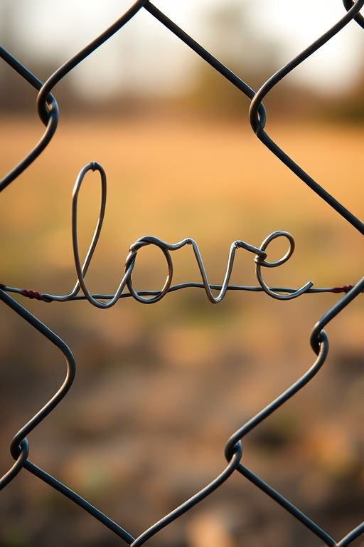 Create an image of a close-up view of a chain-link fence with a wire forming the word "love" threaded through it, using a Canon EOS 5D Mark IV, aperture f/2.8, shutter speed 1/200 sec, ISO 100, natural soft lighting, shallow depth of field for a blurred background.
