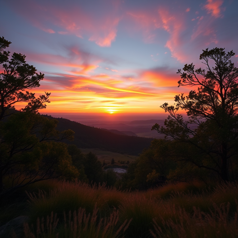 Create a high-resolution image of a serene landscape at sunset with vibrant colors, use a Canon EOS R5 camera, set aperture to f/8, shutter speed to 1/125s, ISO 200, and capture from a wide-angle perspective with a soft focus background.