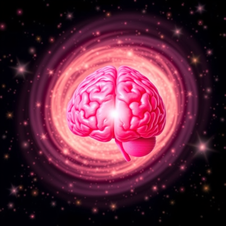 Create an image of a pink brain at the center of a swirling vortex of light and stars with a black background, using a DSLR camera, 50mm lens, f/2.8 aperture, ISO 100, shutter speed 1/60s, and a focus on the brain for depth of field.