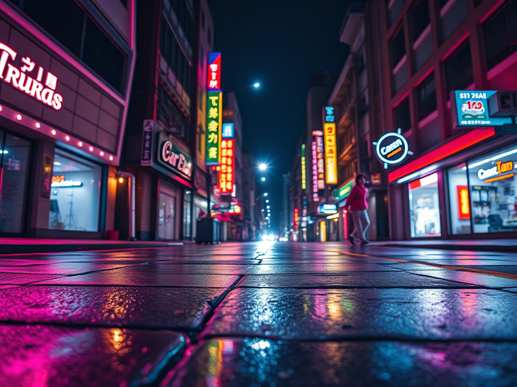 Create a vibrant urban night scene with neon lights reflecting on wet pavement, using a Canon EOS R5 with a 24mm lens at f/2.8, ISO 400, 1/60s exposure, wide-angle view, in a cinematic style to enhance image quality.