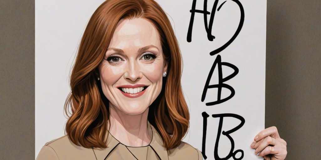 caricature of a smiling Julianne Moore in a Tan dress or suit, holding up a sign that says "NEED A JOB", no watermark,