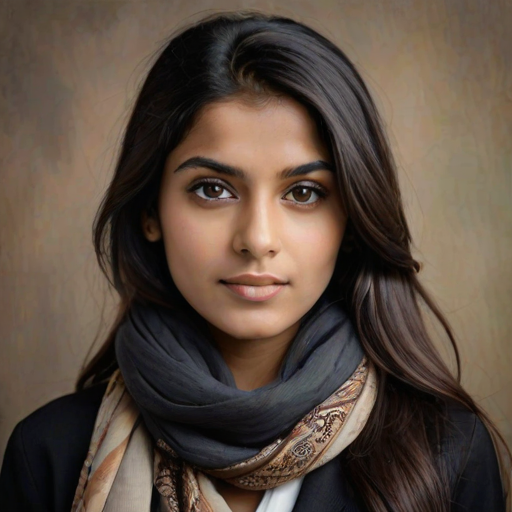 Create a portrait of a young Indian woman with long, dark hair and captivating hazel eyes. She is wearing a black headscarf and a matching scarf draped gracefully around her neck. The background is softly blurred, focusing attention on her serene and natural expression. The overall color palette is muted and warm, enhancing the intimate and authentic feel of the portrait.