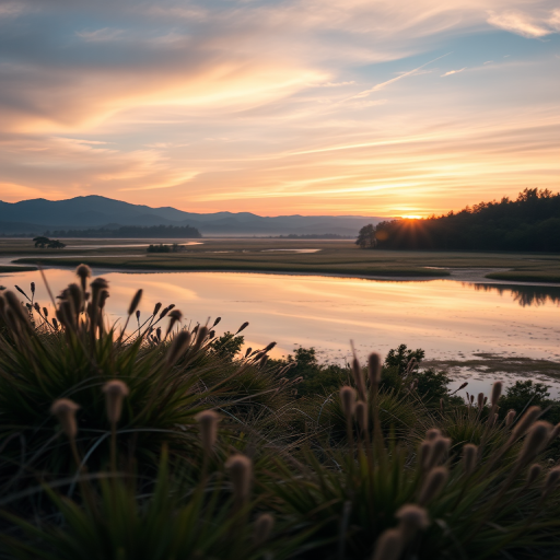 Generate a high-quality image of a serene landscape at sunrise with soft pastel colors, using a Canon EOS R5, f/8 aperture, 24mm lens, ISO 100, with a wide-angle view and a soft focus style.