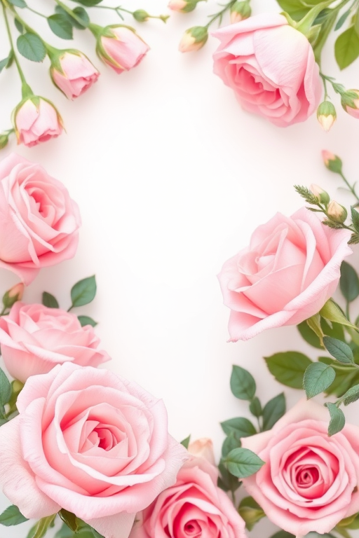 Generate a vintage floral frame design featuring soft pink roses and delicate greenery, high resolution, DSLR camera, aperture f/2.8, focal length 50mm, natural lighting, shallow depth of field.
