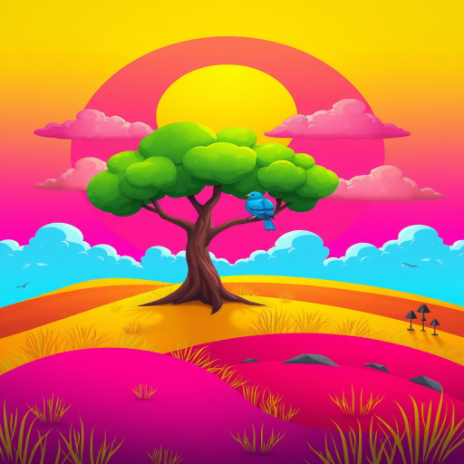 Create a vibrant cartoon landscape featuring a bright yellow sun, a stylized green tree with a blue bird perched on it, colorful fluffy clouds in the background, and a bold pink sky, captured with a digital camera in high resolution, f/2.8 aperture, 24mm focal length, ISO 100, and in a vibrant color style.
