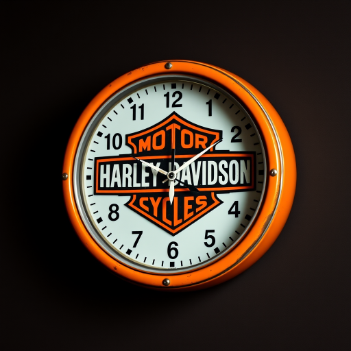 Create an image of a vintage Harley Davidson wall clock with an orange frame, against a dark background, shot with a DSLR camera at f/2.8 aperture, 50mm lens, ISO 100, natural lighting, and a slightly elevated angle for depth.