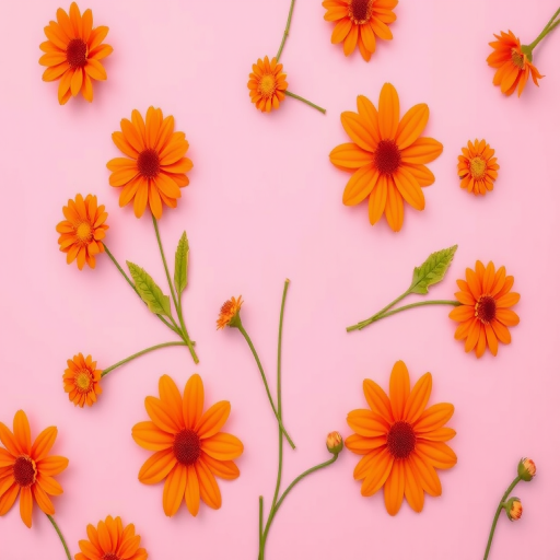 Create a vibrant floral pattern with stylized orange flowers of varying sizes against a soft pink background, using a DSLR camera with a 50mm lens, f/2.8 aperture, ISO 100, shot from a top-down view in a flat lay style to enhance clarity and color contrast.