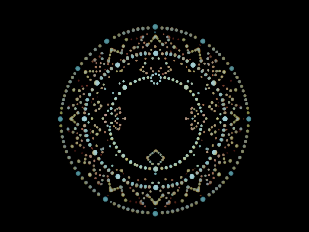 Create a high-resolution image of a yin-yang symbol made of intricate dot patterns and geometric shapes on a dark background, shot with a Canon EOS R5 at f/2.8, ISO 100, 50mm lens, using a soft focus photography style.