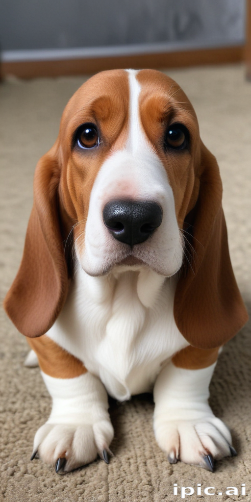 A Cute Basset Hound Puppy Curiously Looking Up at the Camera