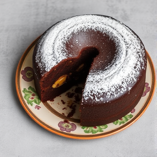 A delicious chocolate cake with a slice cut out, dusted with powdered sugar, revealing a moist and rich interior with chunks of nuts, placed on a decorative plate on a textured gray background.