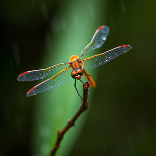 dragonfly perched on a branch in the rain, high-resolution macro photography, aperture f/2.8, shutter speed 1/500s, ISO 200, 100mm macro lens, natural lighting, soft focus background, vivid colors