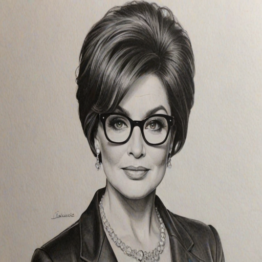 Superb Sharon Osbourne, pencil sketch, portrait of Sublime woman 1959s in glasses, hair style beatnik, outline, clear lines, fine lines, 8k