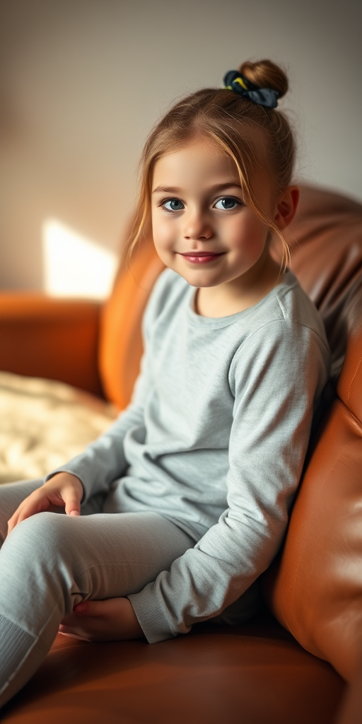 portrait of a young girl sitting on a brown leather sofa, soft natural lighting, f/2.8 aperture, 50mm lens, ISO 100, shallow depth of field, DSLR camera, warm color tones
