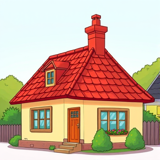 Create a brightly colored cartoon-style illustration of a quaint house with a red tiled roof, incorporating detailed windows and a chimney, using a DSLR camera with a 50mm lens, f/2.8 aperture, ISO 100, in a well-lit environment to enhance clarity and vibrancy.
