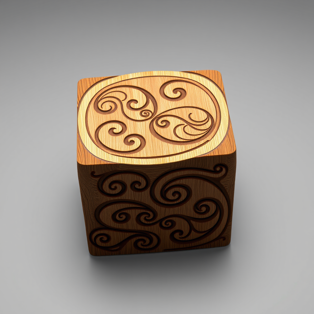 Create a high-resolution 3D rendering of a decorative wooden cube with intricate swirls and patterns, using a Canon EOS R5 camera with a 50mm lens, aperture f/8, ISO 100, and 1/200 sec shutter speed, from a slight overhead angle to highlight the texture and details of the wood.