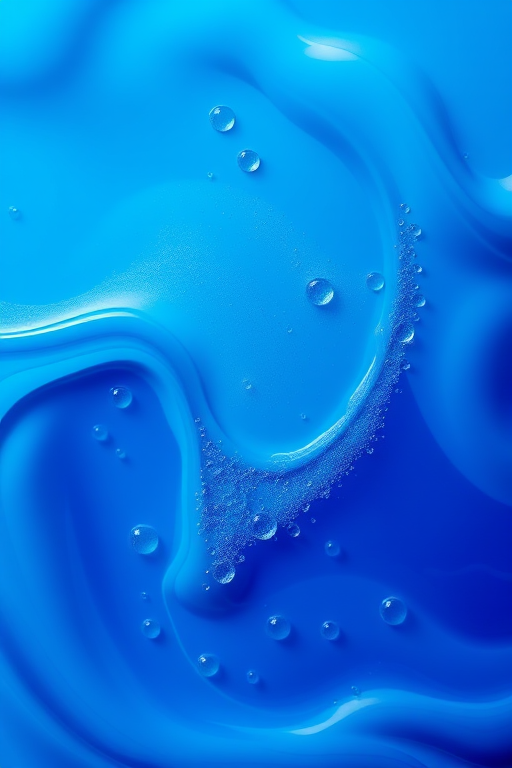 Generate an abstract image of flowing blue liquid with bubbles and smooth, wavy edges, captured with a DSLR camera at f/2.8, ISO 100, 50mm lens, top-down view, using a macro photography style.