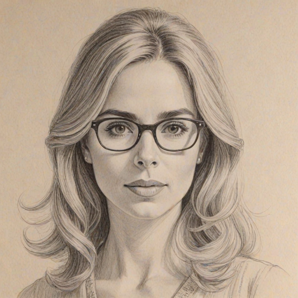 Delightful Kerry Butler, pencil sketch, portrait of Graceful woman 1968s in glasses, hair style beatnik, outline, clear lines, fine lines, 8k