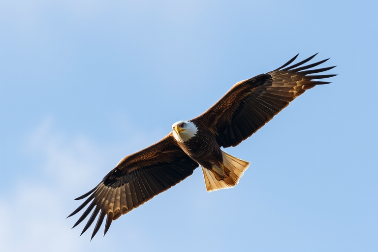 Create an image of an eagle in mid-flight against a clear sky, using a DSLR camera with a 300mm lens, f/5.6 aperture, ISO 100, shutter speed 1/1000s, shot from a low angle to capture detail in feathers and wing span, in a vibrant, high-contrast style.