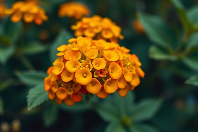 macro shot of vibrant orange and yellow lantana flowers with green foliage in soft focus, aperture f/2.8, shutter speed 1/200 sec, ISO 100, taken with a DSLR camera from a low angle to emphasize details and colors