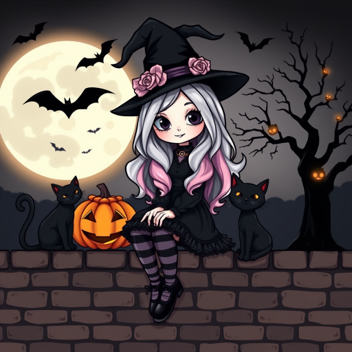 A cute, gothic-style cartoon of a young witch resembling Wednesday Addams sitting on a brick wall under a full moon. She has long wavy hair with silver, pink, and purple ombre highlights, and wears a classic black witch hat decorated with a pumpkin and roses. She is dressed in a black frilly dress with striped stockings and black shoes. A glowing Jack-o'-lantern sits beside her, and a black cat with glowing orange eyes is next to her. The background features a large moon, silhouetted bats, and a spooky tree, with a soft monochrome and slightly glowing effect, creating a magical Halloween atmosphere.