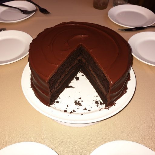A delicious chocolate cake with smooth frosting sitting on a white plate with a slice removed revealing the chocolate layers inside, placed on a wooden table with a neutral tablecloth, surrounded by empty plates and cutlery.